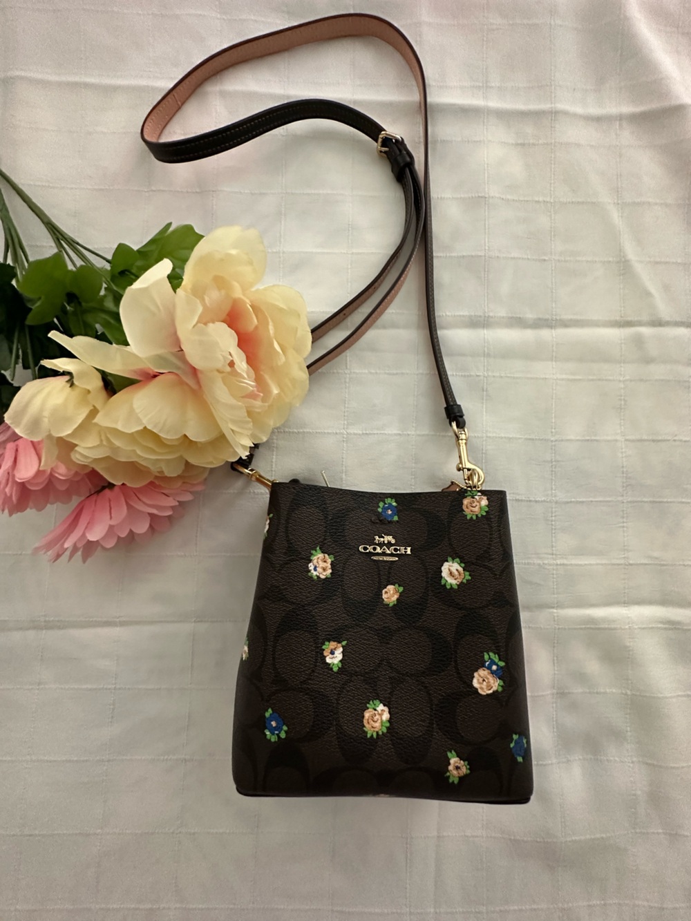 Coach Brown Signature Floral Crossbody with Gold Hardware
